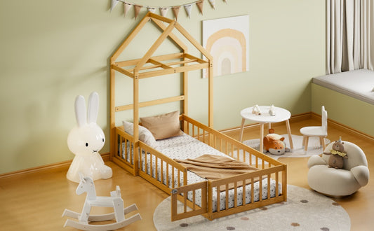 Wooden Twin Size Children's Bed with Detachable Headboard and Integrated Clothes Drying Rack, Natural