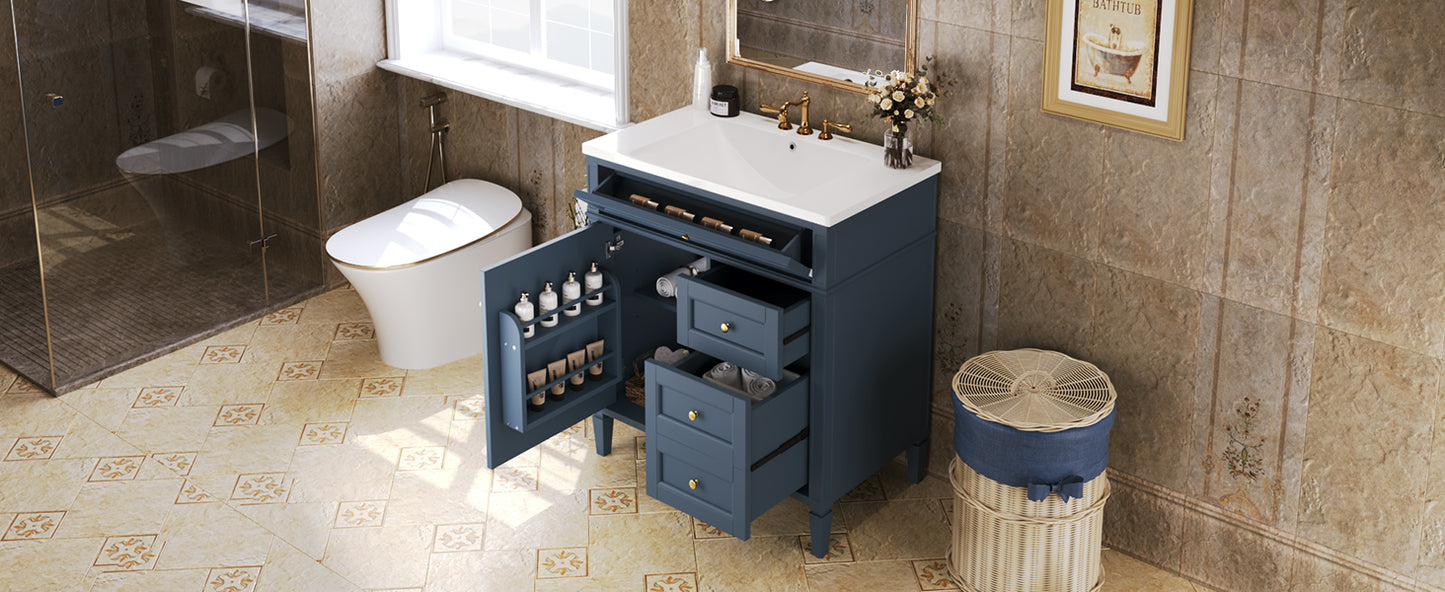 30 inch bathroom vanity with top sink, storage cabinet with 2 drawers and 1 drawer, single sink bathroom vanity