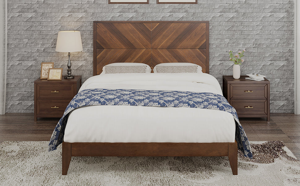 Mid-Century Modern Platform Bed Wood Slat Support with No Box Spring Needed,Queen, Walnut