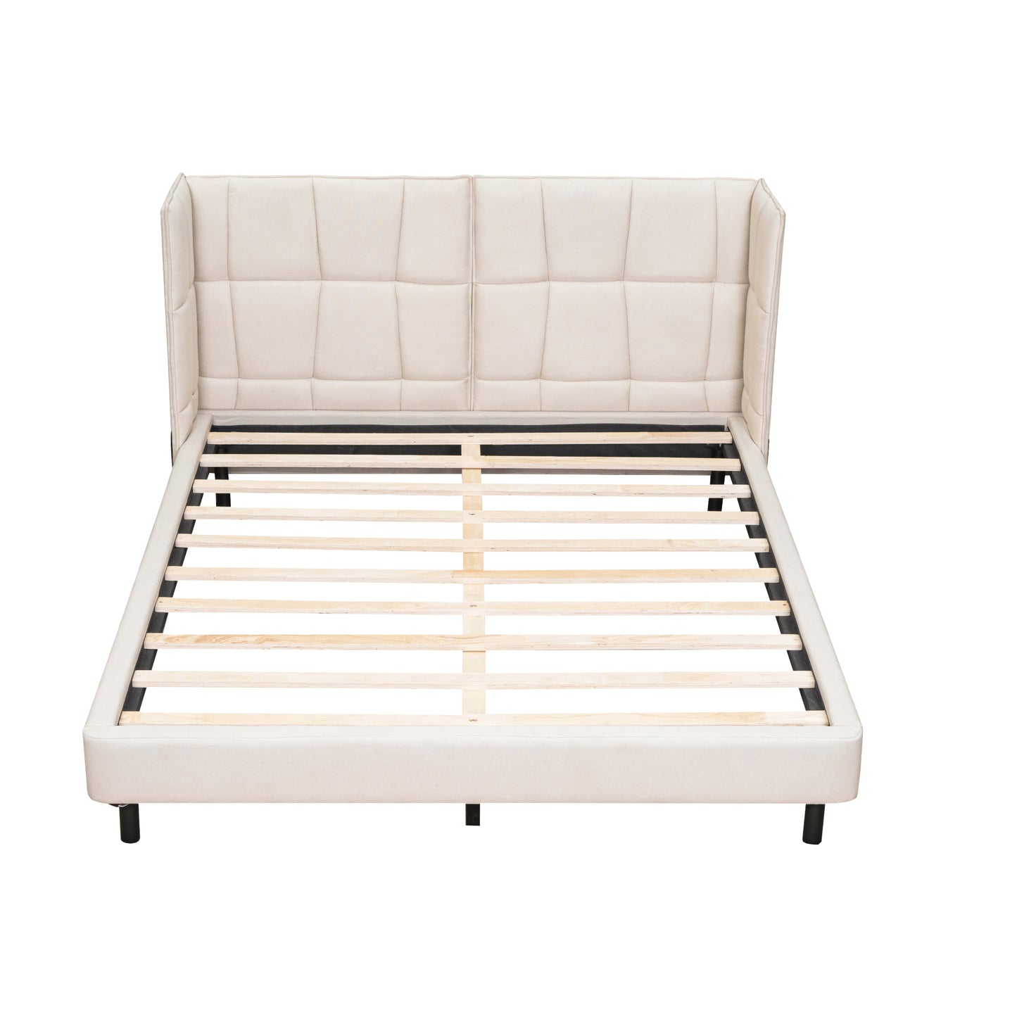 Queen Size Upholstered Platform Bed with LED Lights and U-Shaped Headboard, Linen Fabric, Beige