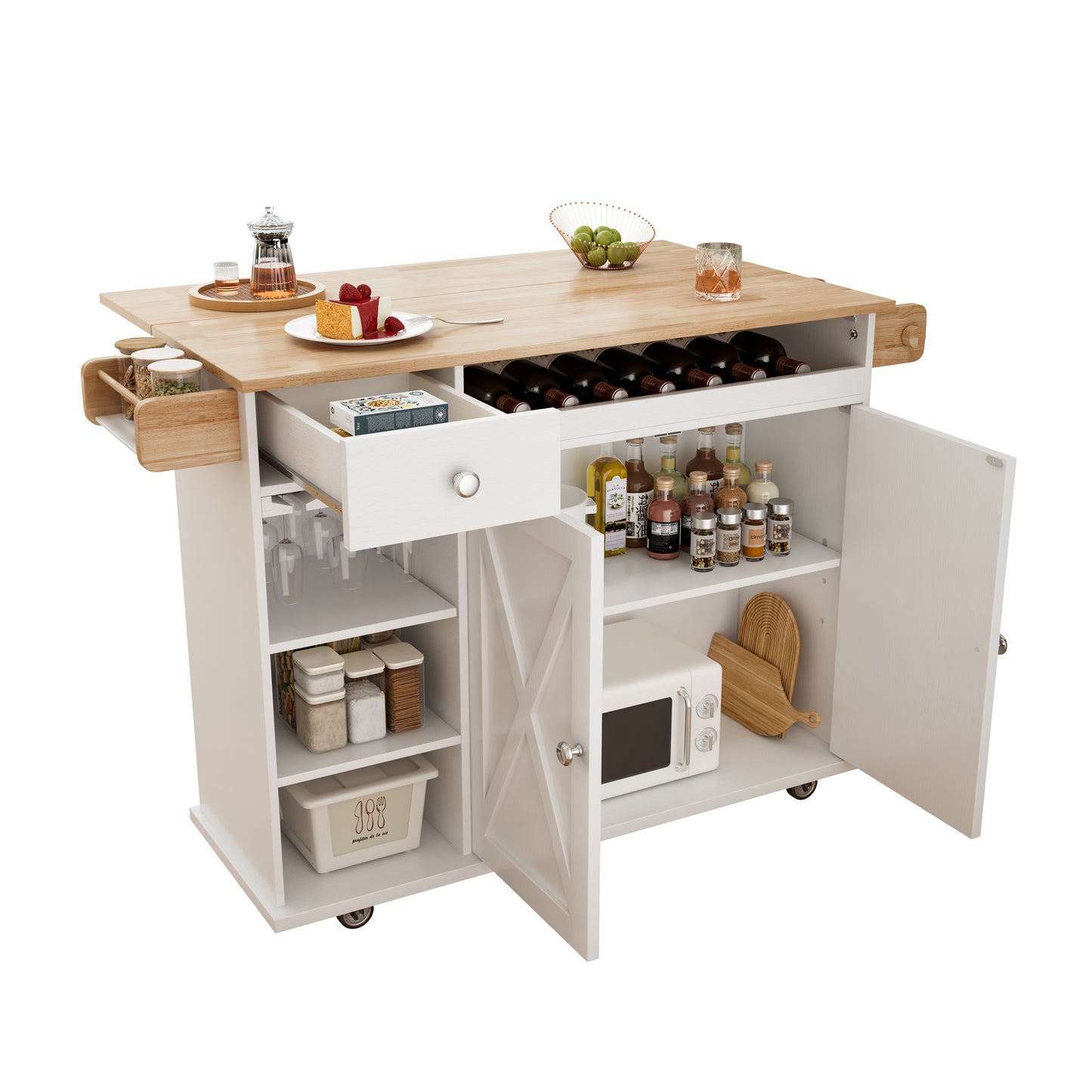 44 Inch Kitchen Island Cart with Solid Wood Top, Wine Storage, Spice Rack, Towel Rack, Wine Glass Holder White & Oak