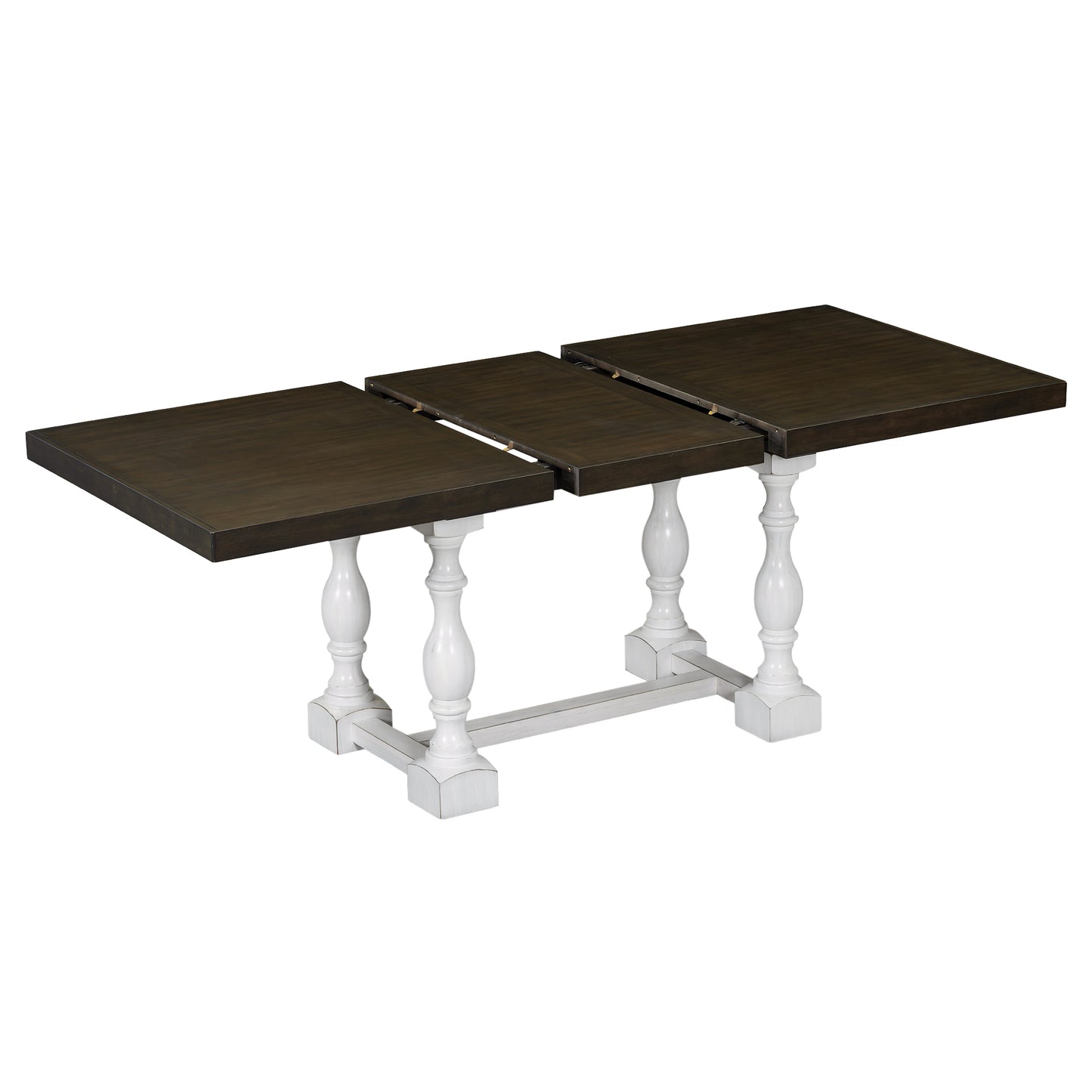 Juego de mesa de comedor extensible tradicional de 6 piezas con caballete, hojas extraíbles, sillas acolchadas y banco, color blanco envejecido