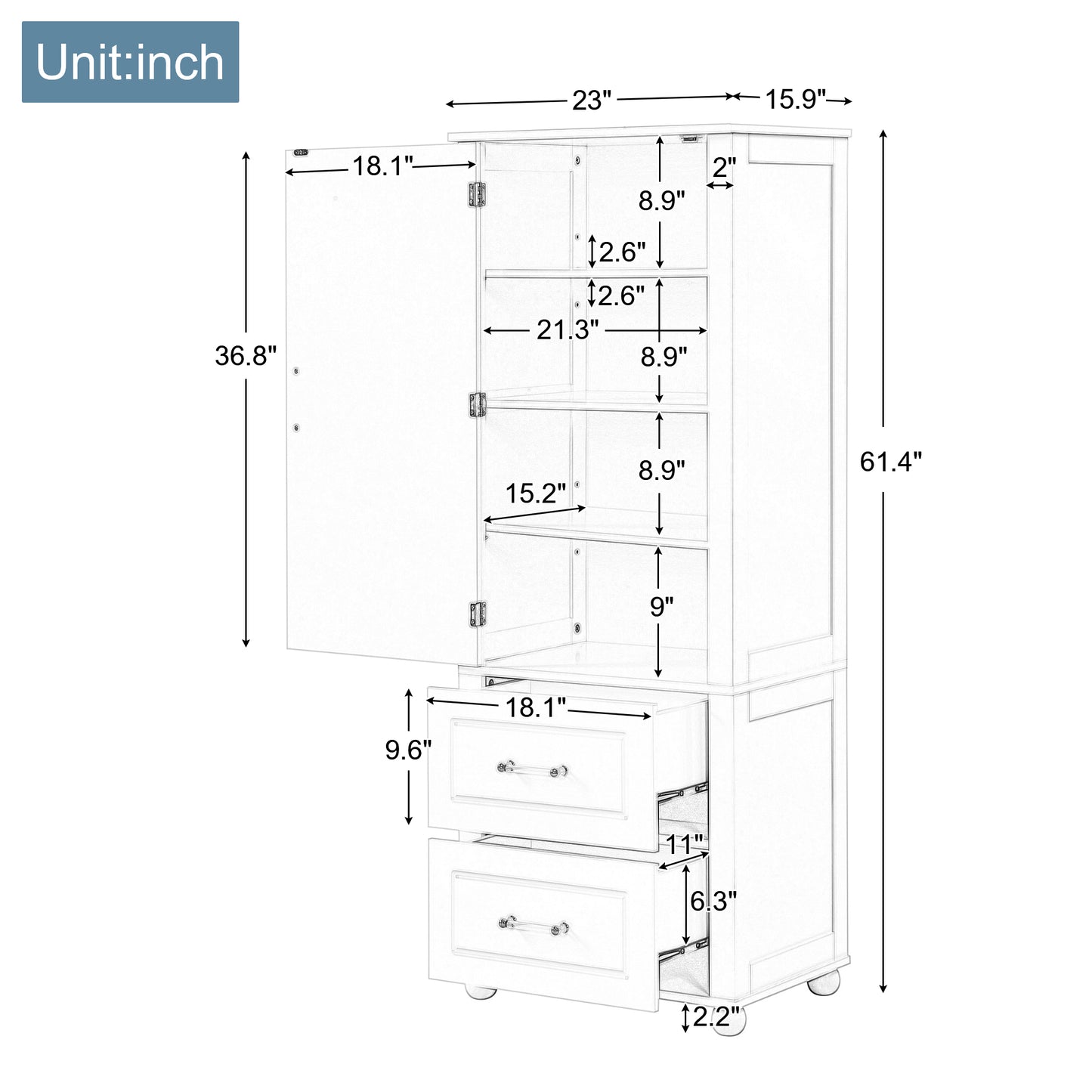 Tall Bathroom Storage Cabinet with 2 Drawers and Adjustable Shelf, White MDF Board Design