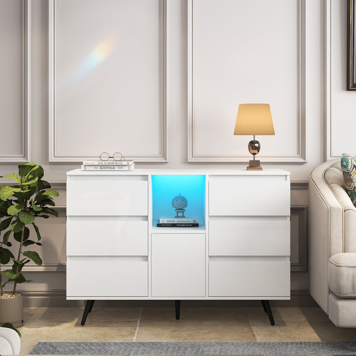 Living Room Sideboard Storage Cabinet White High Gloss with LED Light