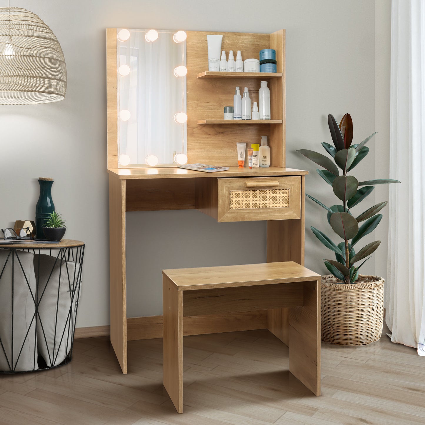 Vanity Desk Set Stool & Dressing Table with LED Lighting Mirror Drawer and Wood Cosmetic Table Chest of Drawers Nature Color