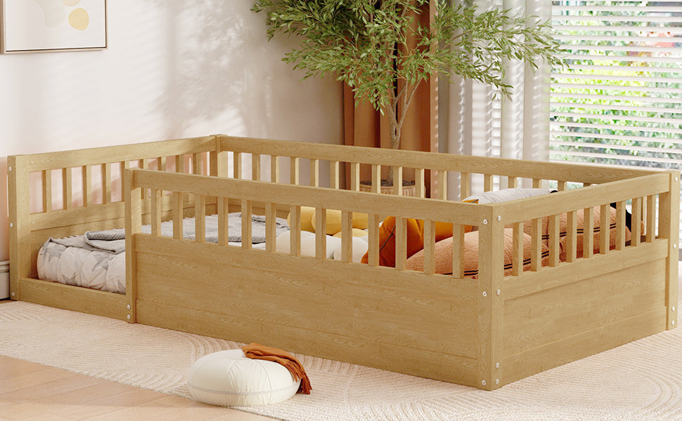 Twin Floor Bed Frame with Fence, Wood Kids Floor Beds Frame for Bedroom Playroom,Natural