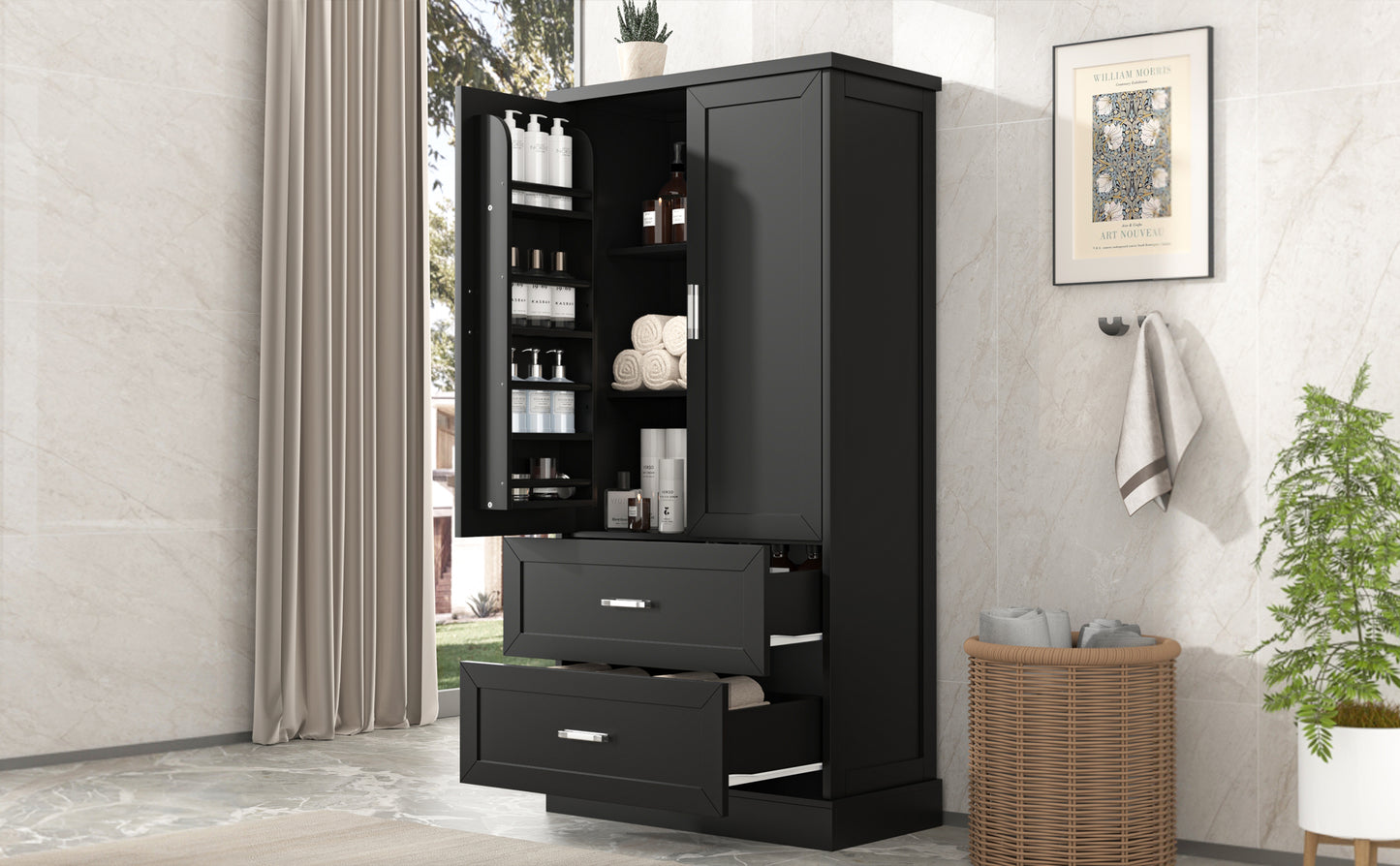 Mueble de baño alto con dos puertas y cajones, estante ajustable, tablero MDF, color negro