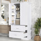 Tall Bathroom Storage Cabinet with Two Doors and Drawers, Adjustable Shelf, MDF Board, White Finish