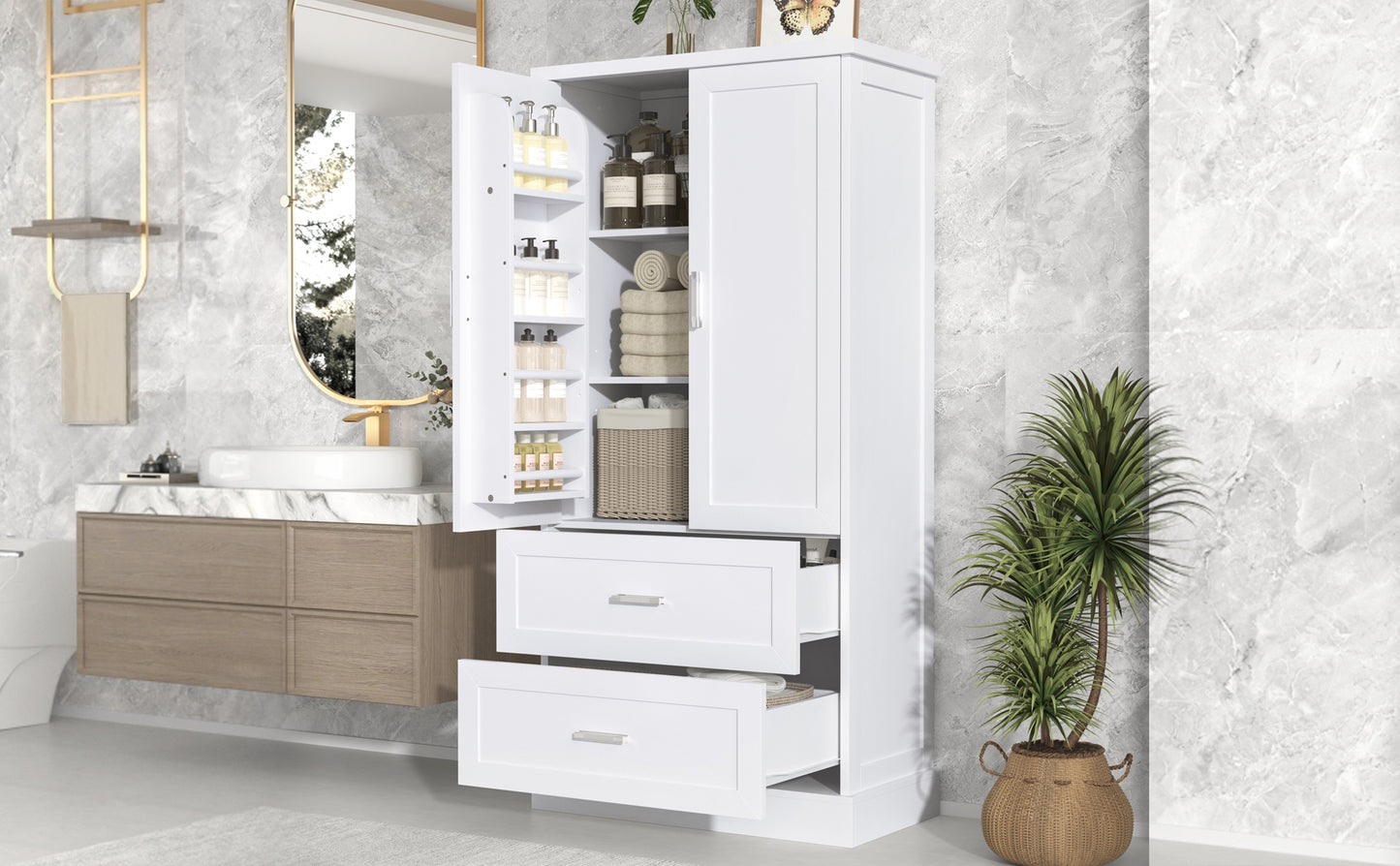 Tall Bathroom Storage Cabinet with Two Doors and Drawers, Adjustable Shelf, MDF Board, White Finish