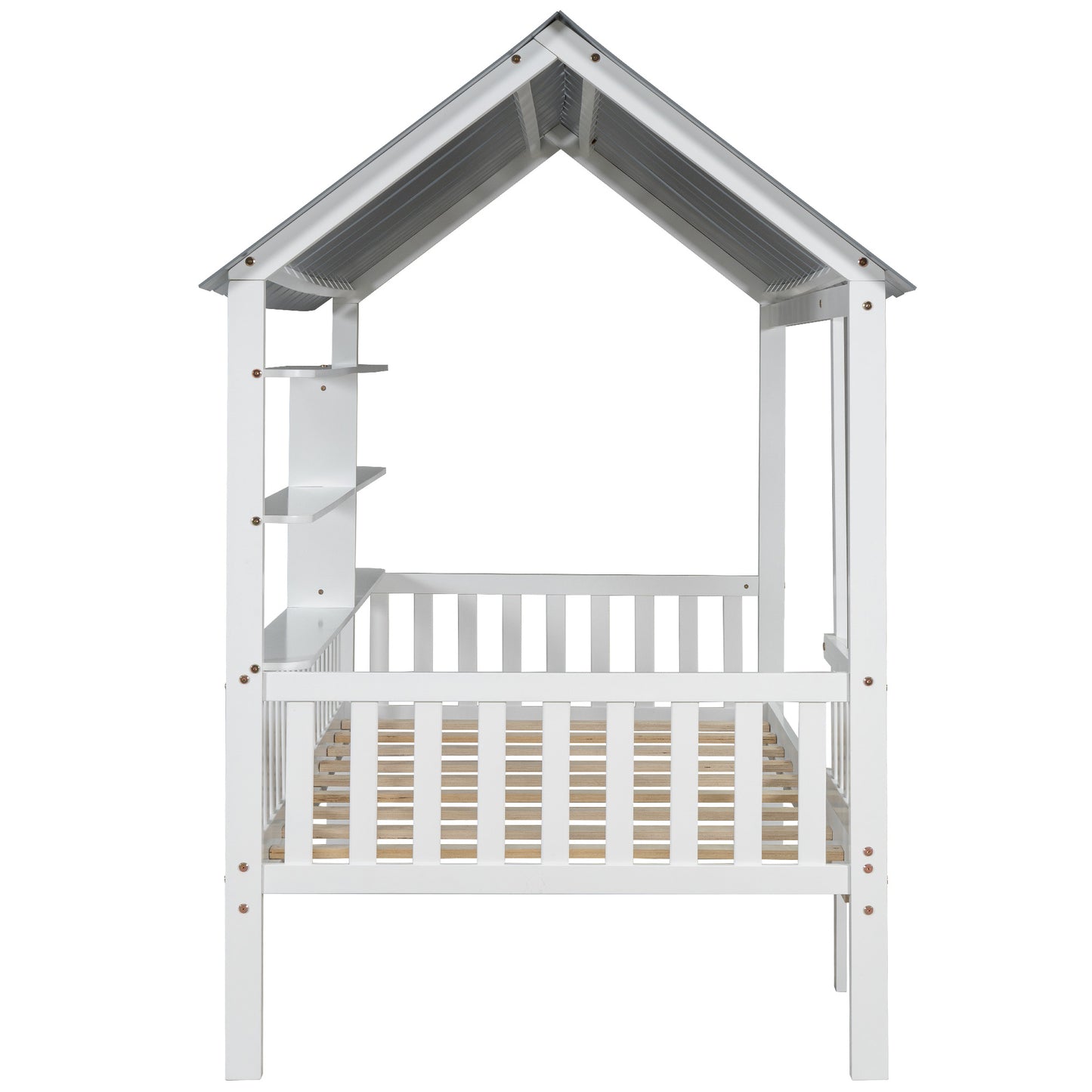 Wood Twin Size House Bed with Roof, Guardrail and Shelves, White