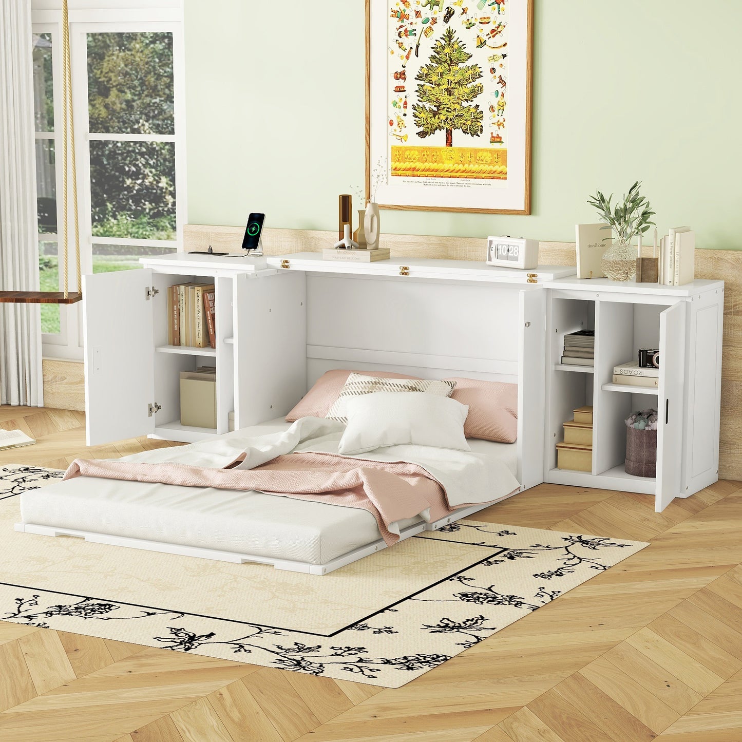 Full Size Murphy Bed with Shelves, Cabinets, and USB Ports, Space-Saving Design in White Finish