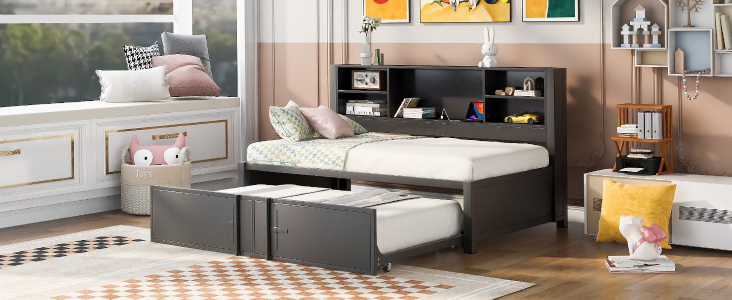 Metal Twin Size Daybed with Twin Size Trundle  Storage Shelves and USB Ports  Black