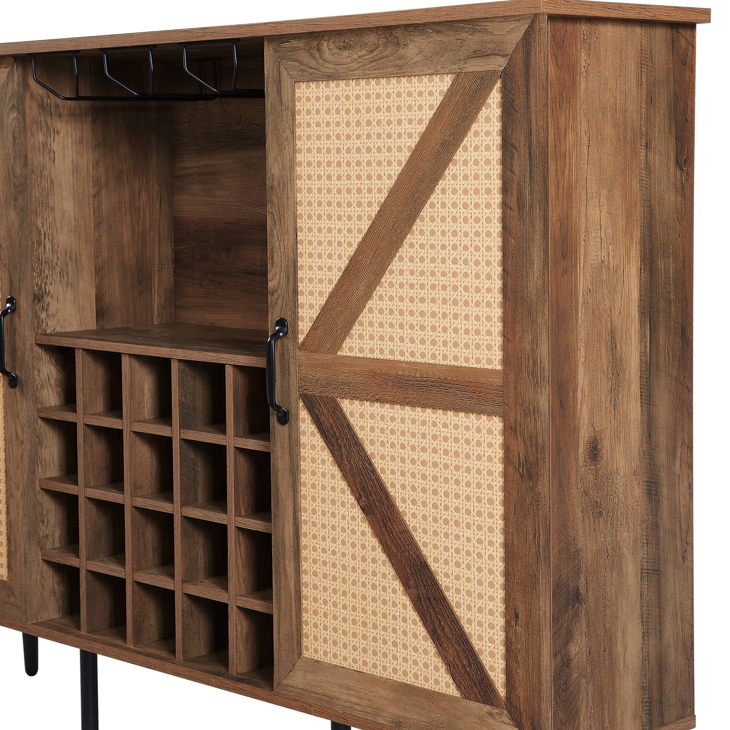 Oak Color Faux Rattan Barn Door Wine Cabinet with Wine Rack and Wine Glass Rack, Double Door Design with Removable Shelves