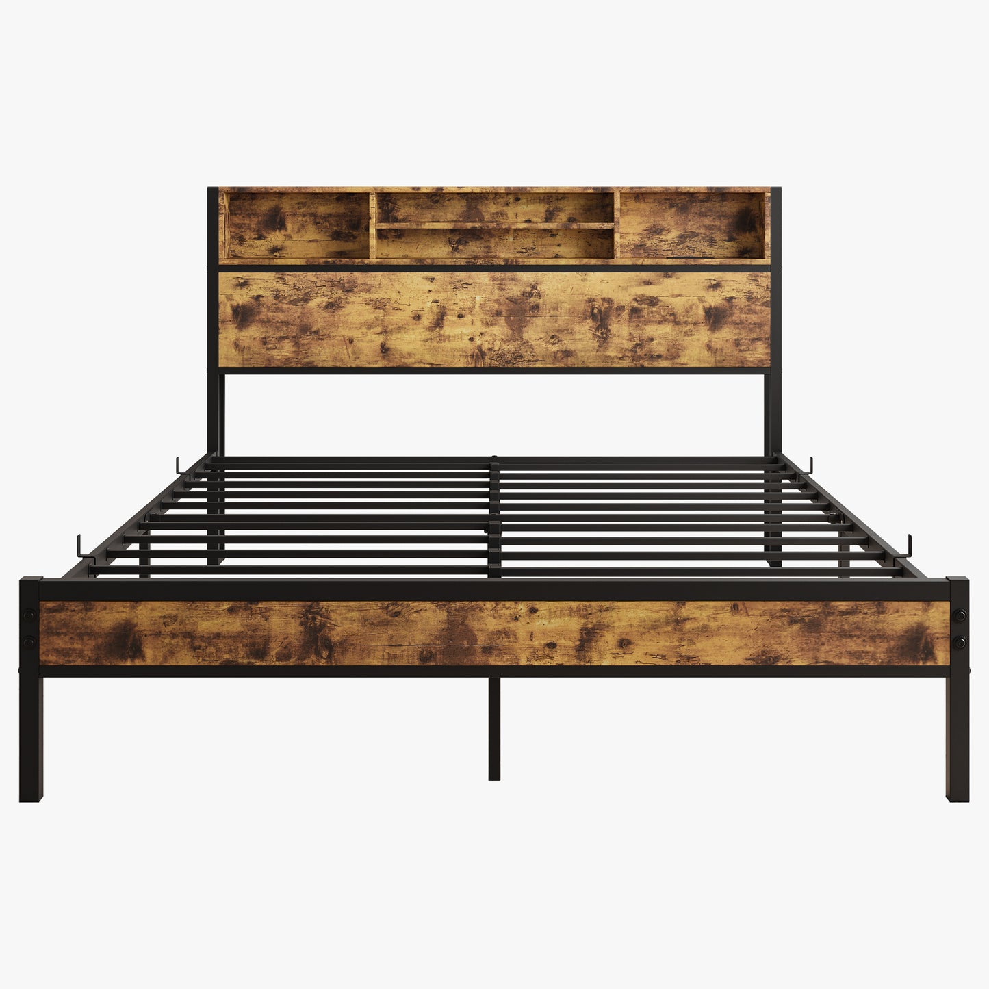 Queen Bed Frame with Storage Headboard Metal Platform Bed with Charging Station Bookcase Storage Black