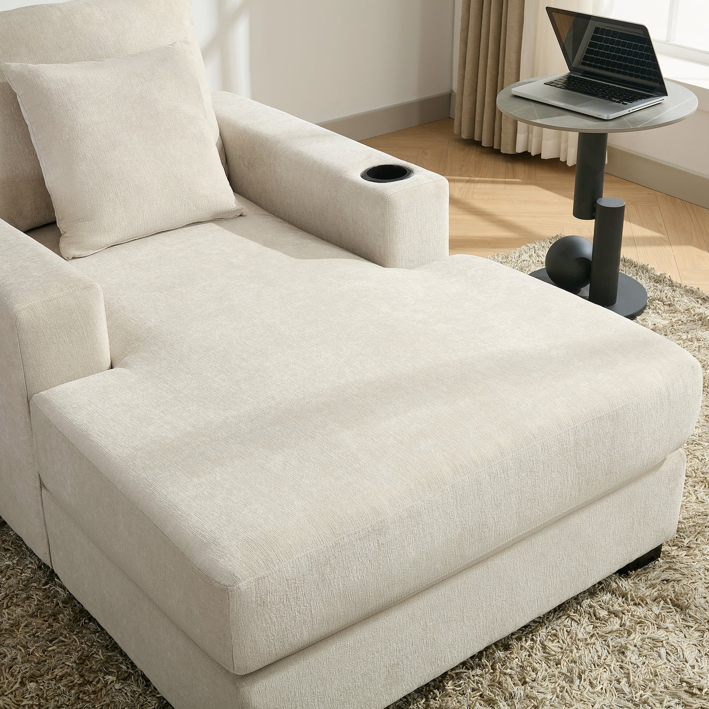 39.7" Oversized Chaise Lounger with Pillows, Charge Station, and Cup Holders, Chenille Fabric in Cream