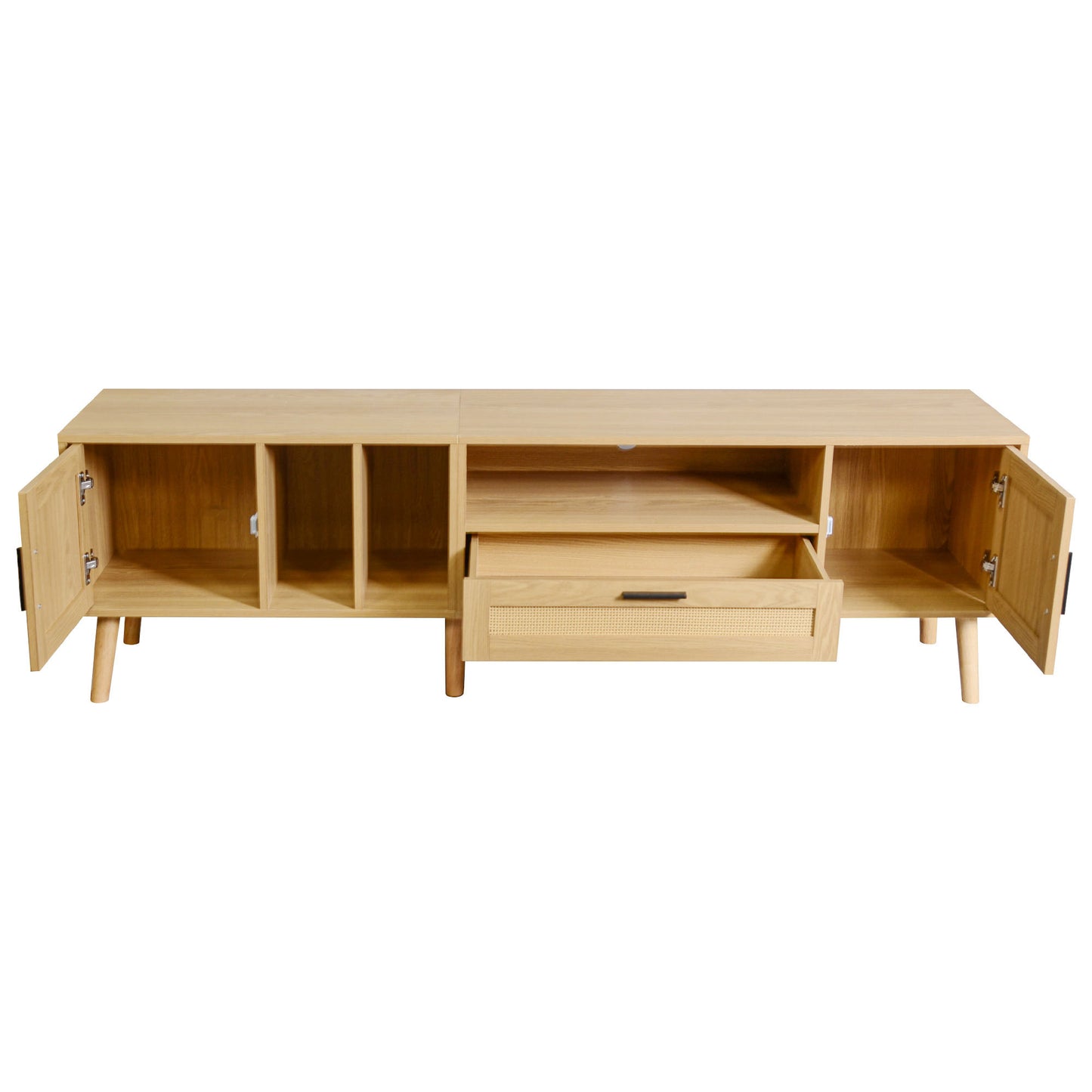 Vine TV Stand with 2 Cabinets and 2 Open Shelves, Solid Wood Legs for TVs Under 80 Inches