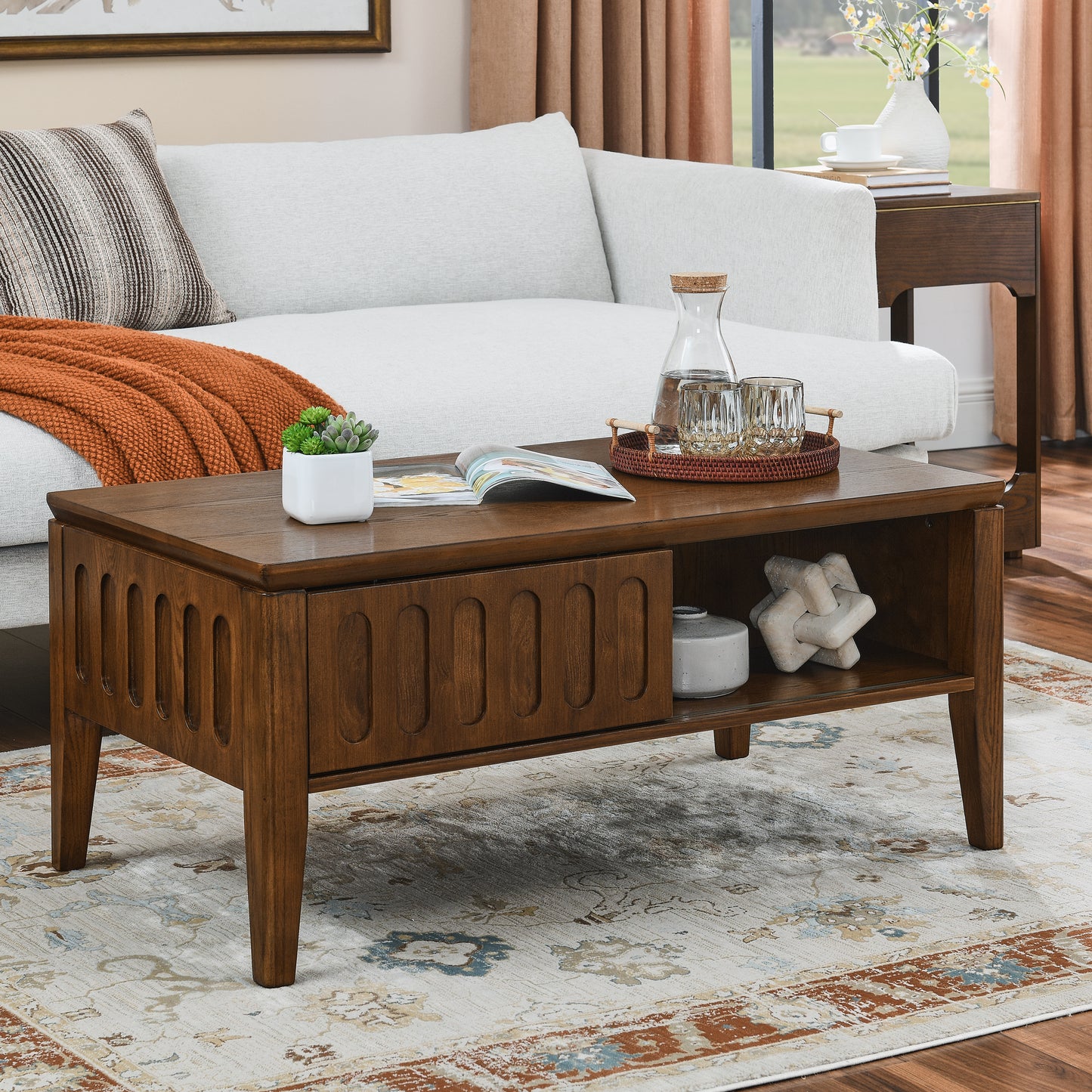 Medieval Modern Flute Coffee Table with Sliding Door Storage and Solid Wood Legs, Vintage Farmhouse Design