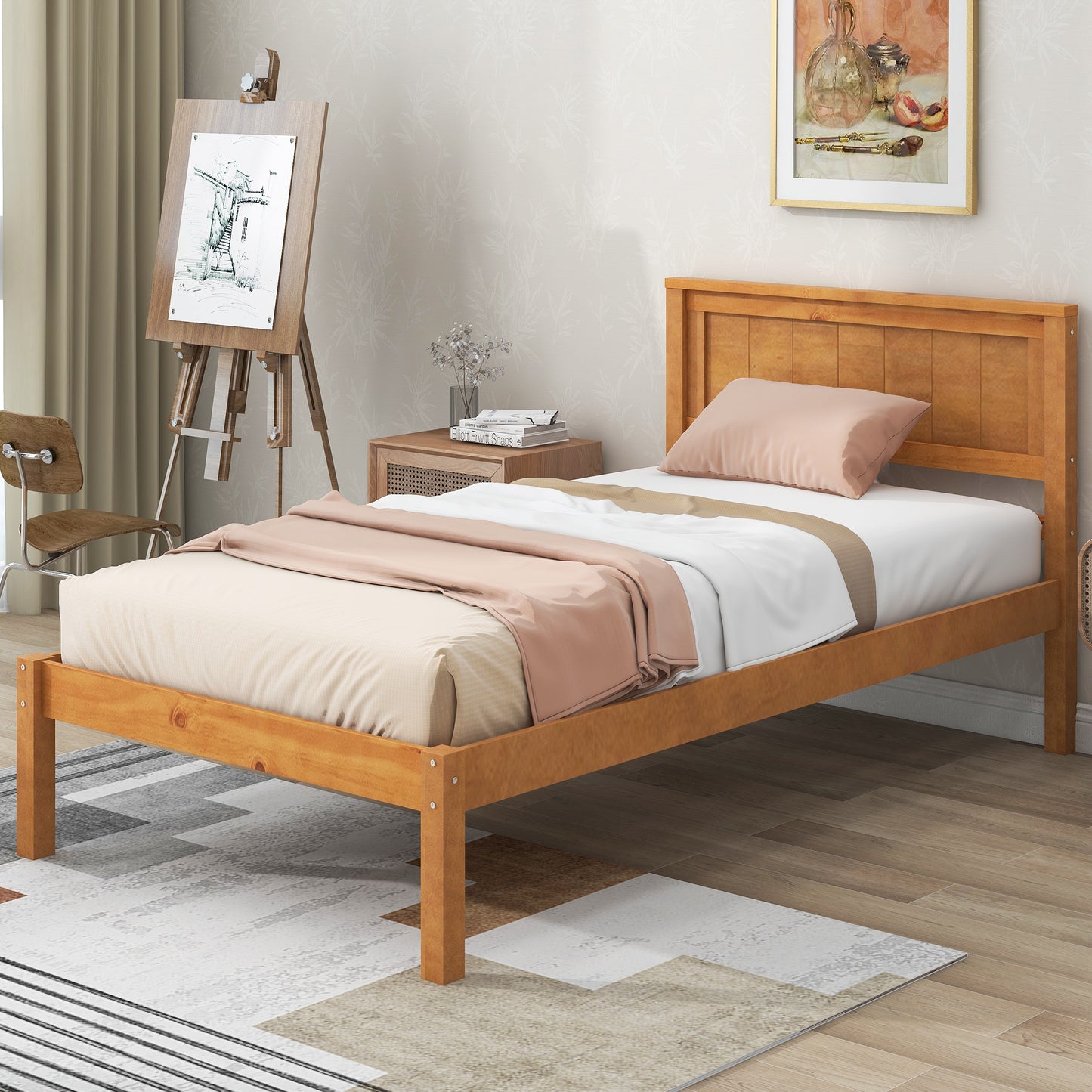 Platform Bed Frame with Headboard  Wood Slat Support  No Box Spring Needed Twin Oak