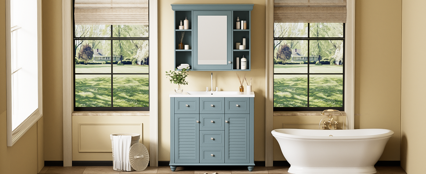 36" Modern Mirror Cabinet with Adjustable Shelves, 2 Soft-Closing Doors, and 6 Drawer Organizers