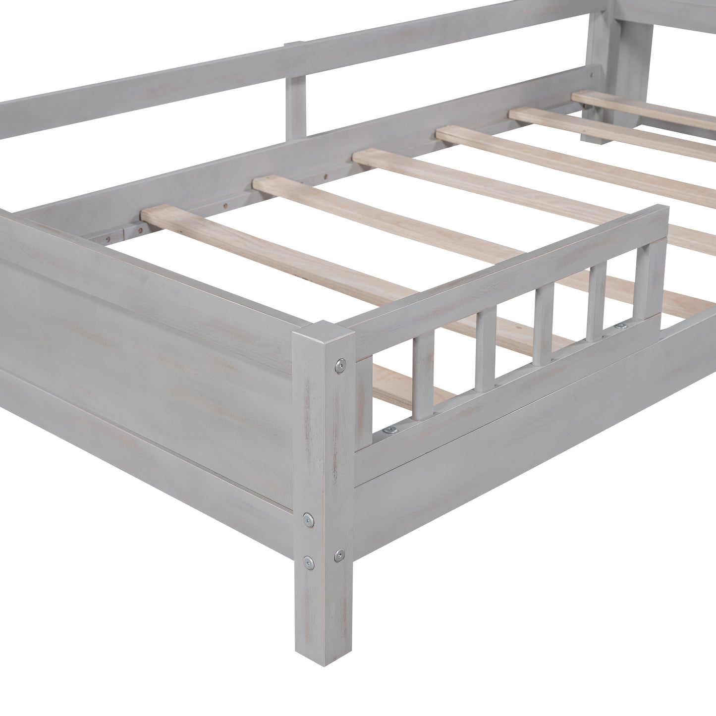 Wood Twin Size Platform Bed with Built-in LED Light  Storage Headboard and Guardrail Antique Grey