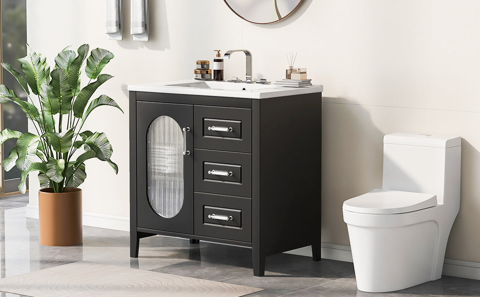 Bathroom Vanity with Sink, Bathroom Vanity Cabinet with Two Drawers and Door, Adjustable Shelf, Solid Wood and MDF, Black