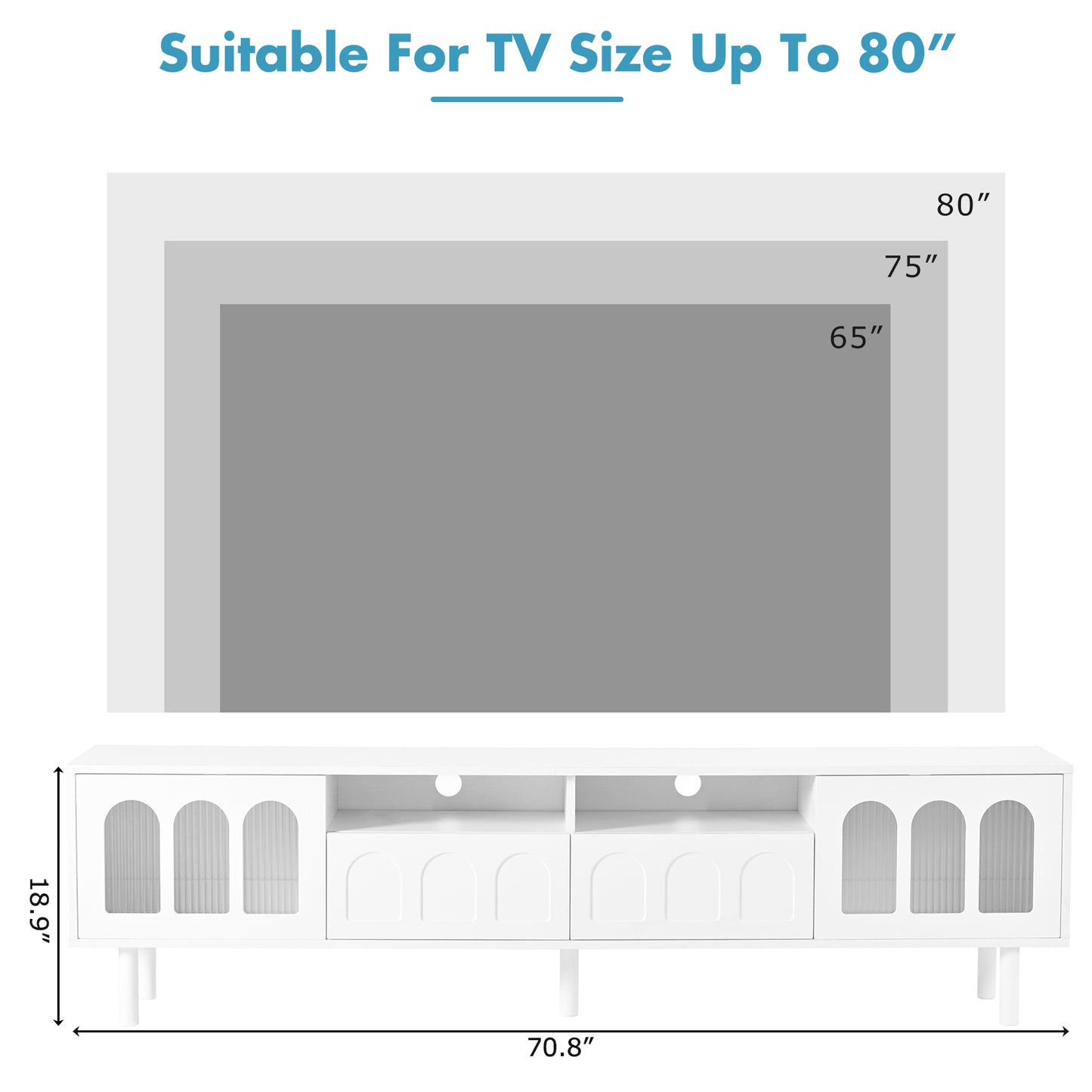 ON-TRANS Cream TV Stand with LED Light Strip, Tempered Glass Door for 80-Inch TVs, White Finish