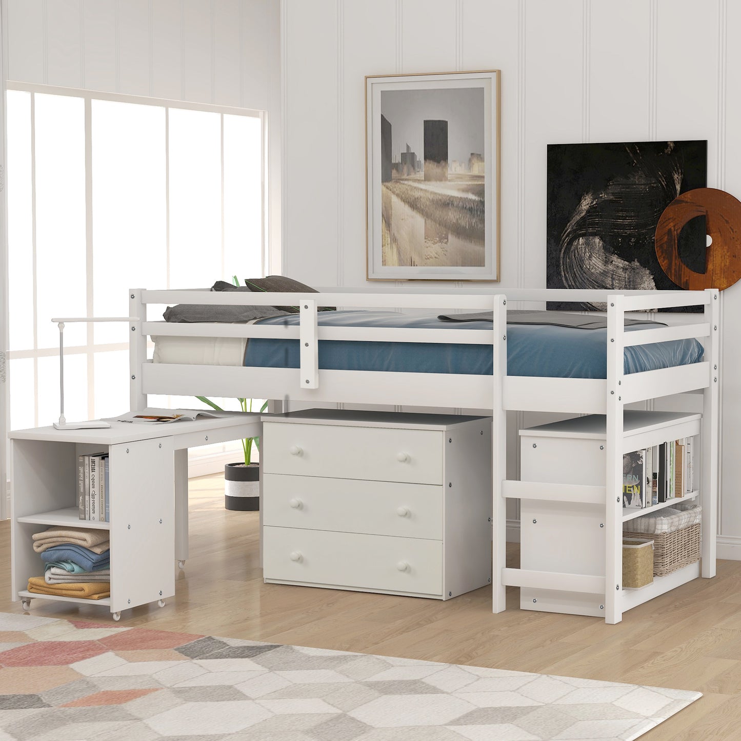 Low Study Twin Loft Bed with Cabinet and Rolling Portable Desk - White (OLD SKU :LP000113AAK)