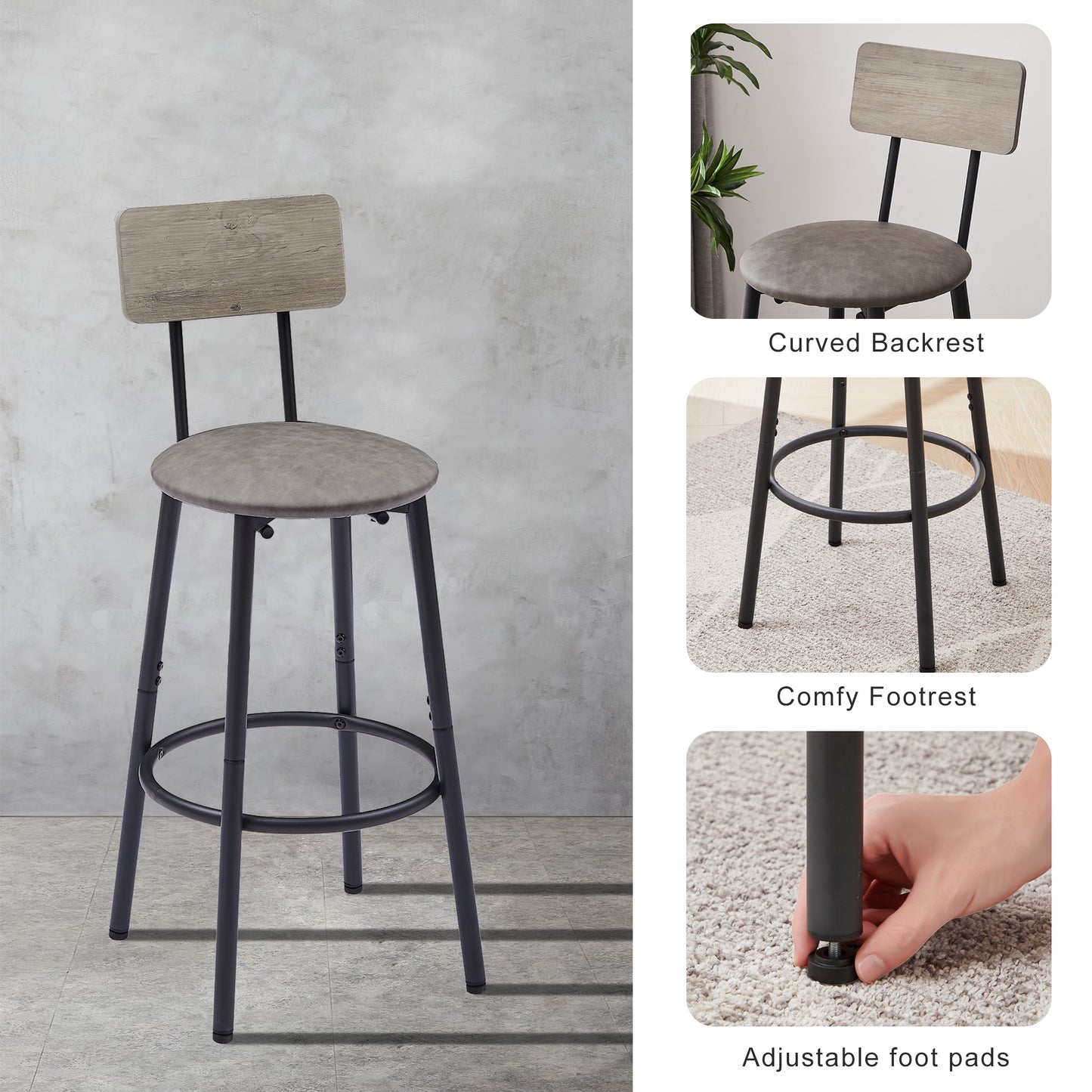 Bar Table Set with 2 Bar stools PU Soft seat with backrest Grey 43.31'' L x 15.75'' W x 35.43'' H