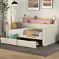 Twin Size Daybed with Storage Drawers, Upholstered Daybed with Charging Station and LED Lights, Beige