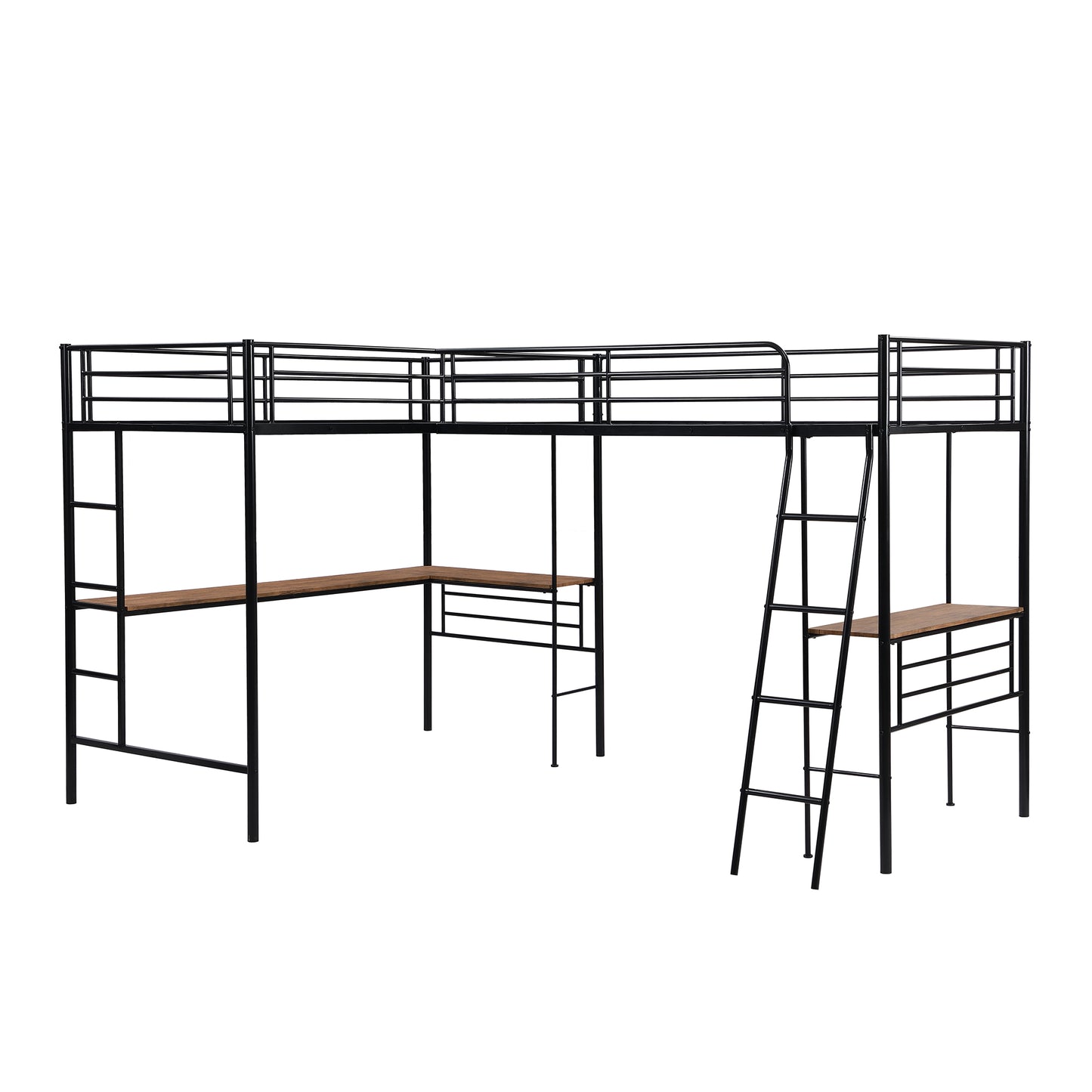 Twin Size Metal Loft Bed with Two Built-in Desks Black