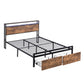 Large bed frame with storage headboard and 2 drawers, LED light bed, charging station, metal platform bed