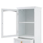 High bathroom storage cabinet with glass door, freestanding, two drawers and adjustable shelves, MDF board, painted white