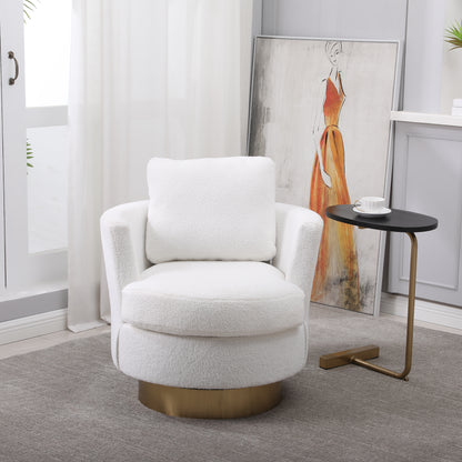 Sillón giratorio Teddy con base de acero inoxidable dorado, cómodo sillón para sala de estar, acabado blanco