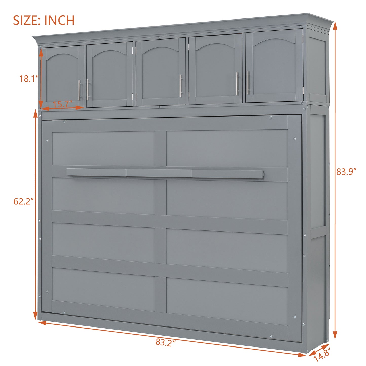 Full Size Murphy Bed Wall Bed with Top Cabinets, Gray Finish for Space-Saving Bedrooms