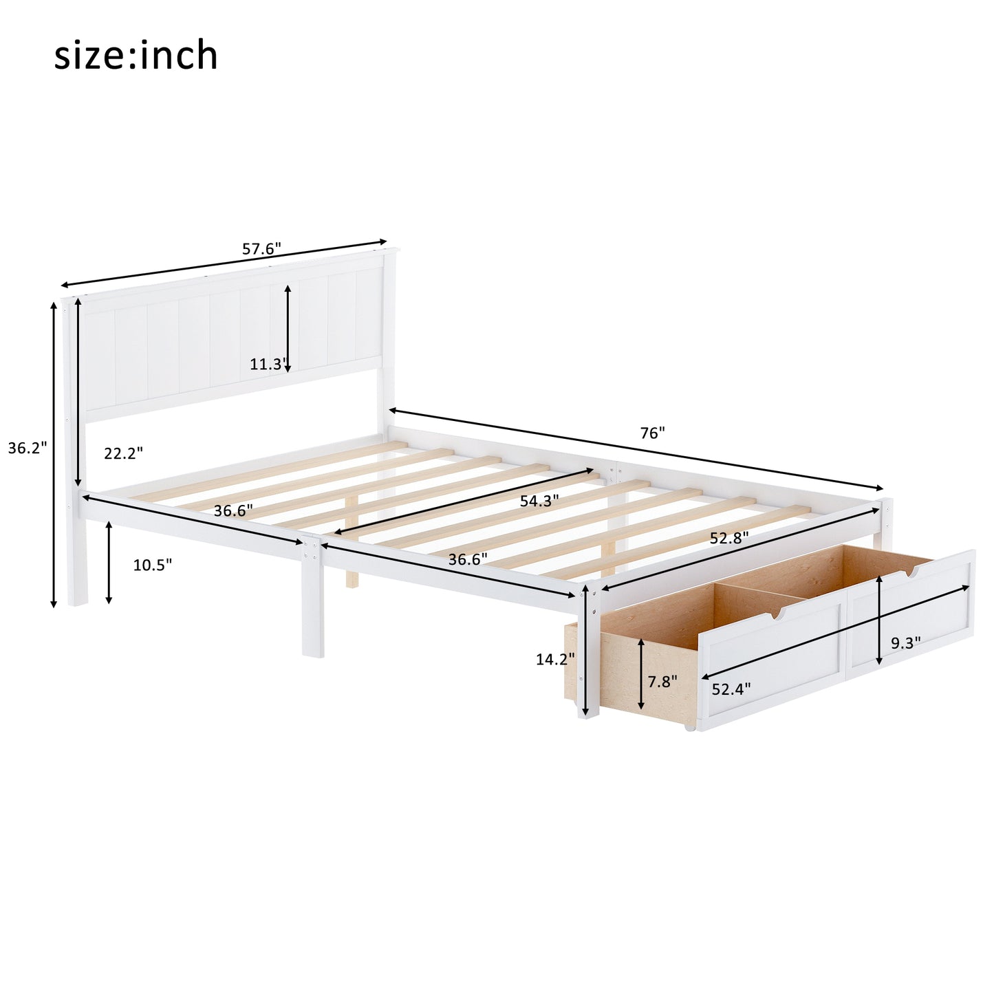 Full Size Platform Bed with Under-bed Drawers White