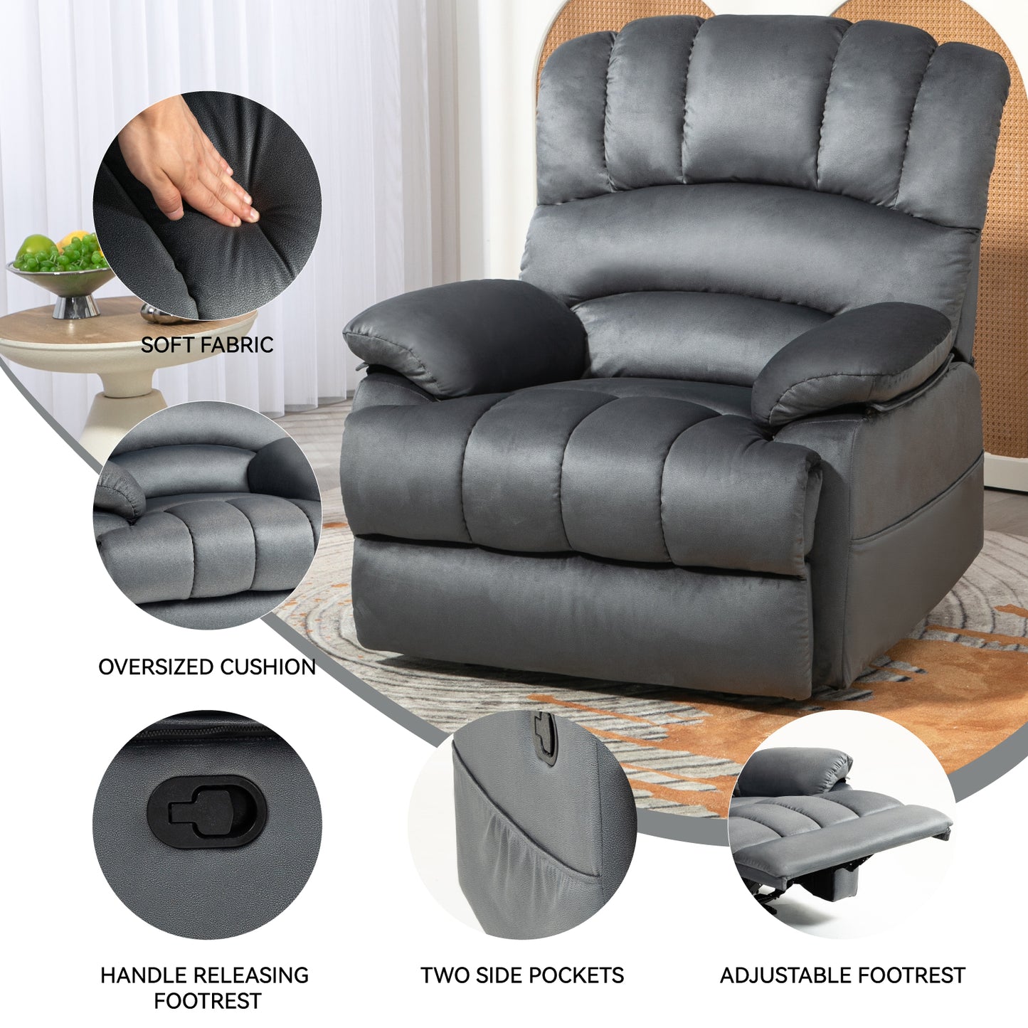 Large Manual Recliner Chair in Fabric, Comfortable Design for Living Rooms, Grey