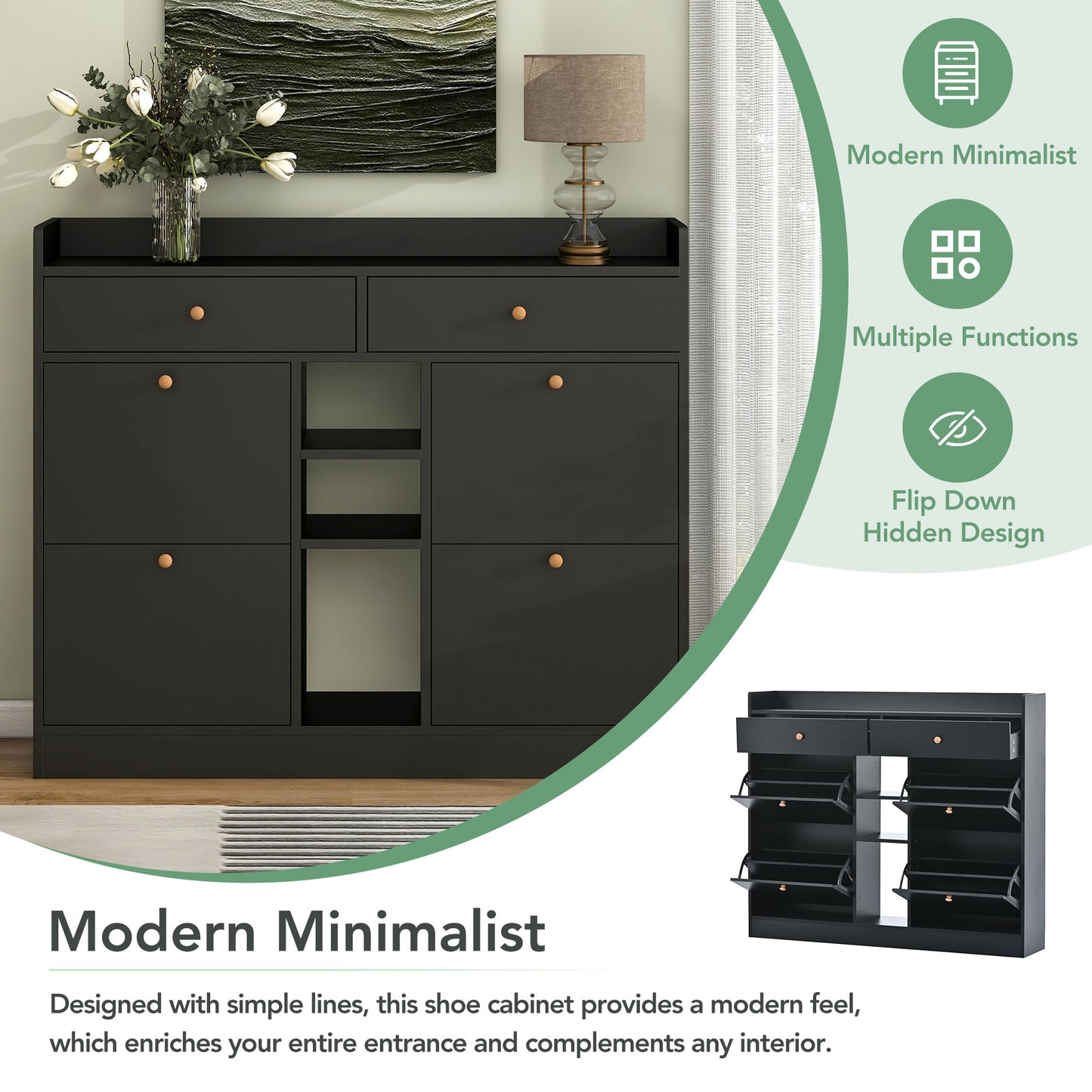 ONTREND modern shoe cabinet with 4 flipped drawers, multifunctional double-layer shoe storage with drawers, black.