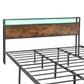 Industrial extra large bed frame with LED lights and 2 USB ports, extra large bed frame with storage space, rural brown color