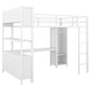 Metal loft bed with wardrobe and L-shaped desk, full-size loft bed with storage cabinet and shelf, white