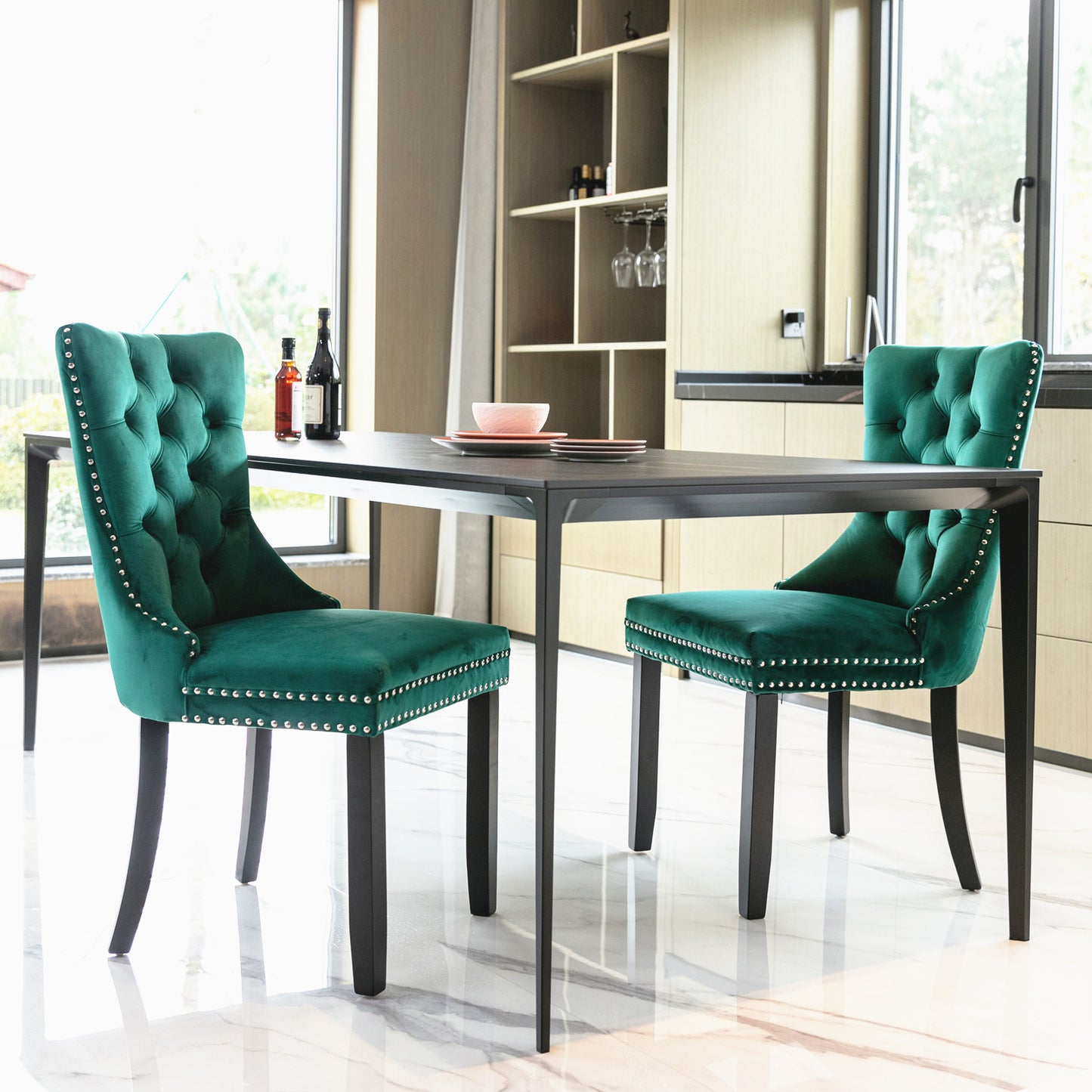 High-end Tufted Solid Wood Contemporary Velvet Upholstered Dining Chair with Wood Legs Nailhead Trim 2-Pcs Set Green