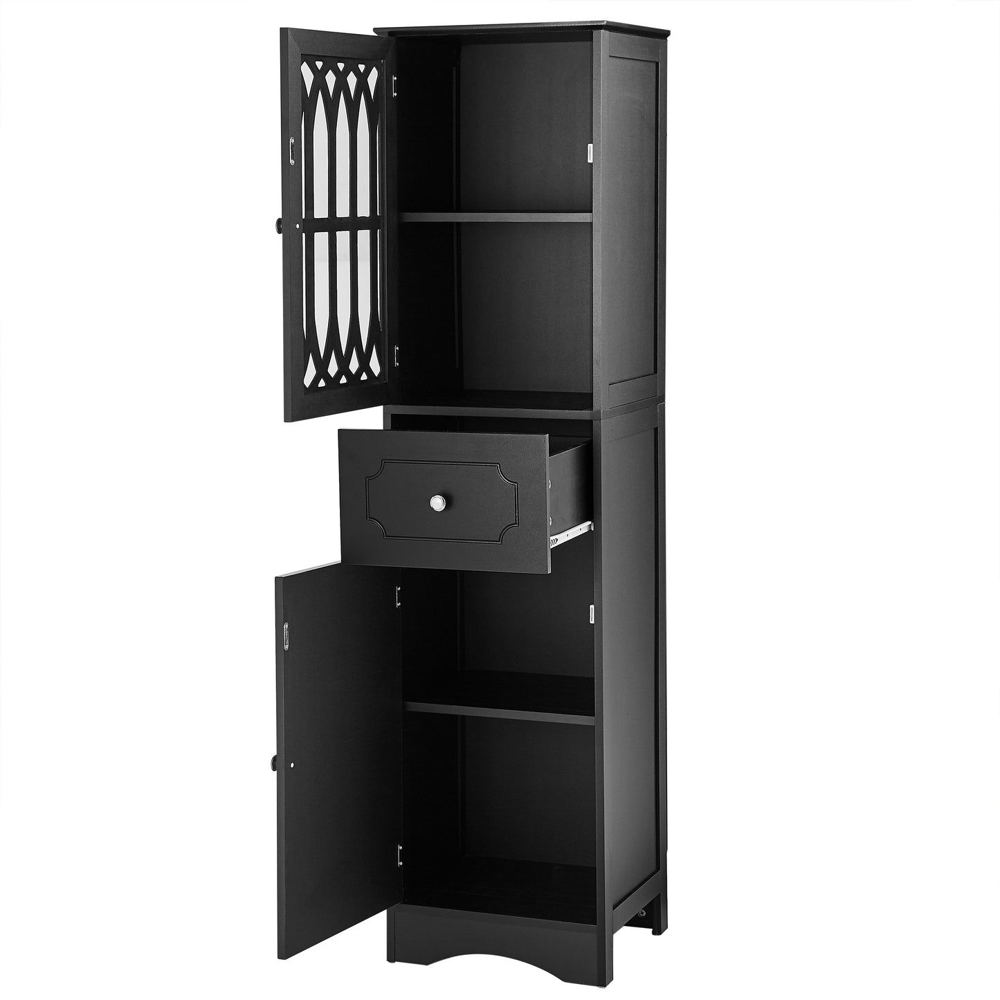 Tall Bathroom Cabinet, Freestanding Storage Cabinet with Drawer and Doors, MDF Board, Acrylic Door, Adjustable Shelf, Black