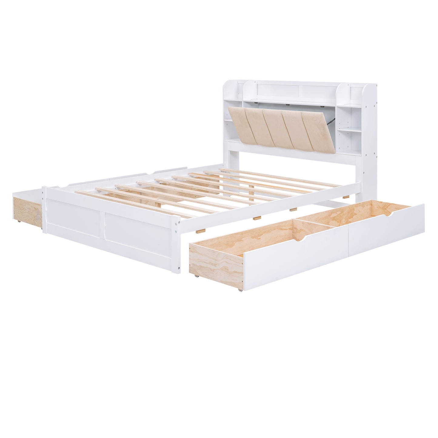 Wood Queen Size Platform Bed with Storage Headboard  Shelves and 4 Drawers  White