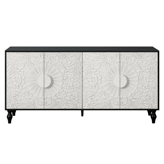 Vintage White Large Faceted Carved Sideboard with Black Frames, Perfect for TV Stands and Accent Cabinets