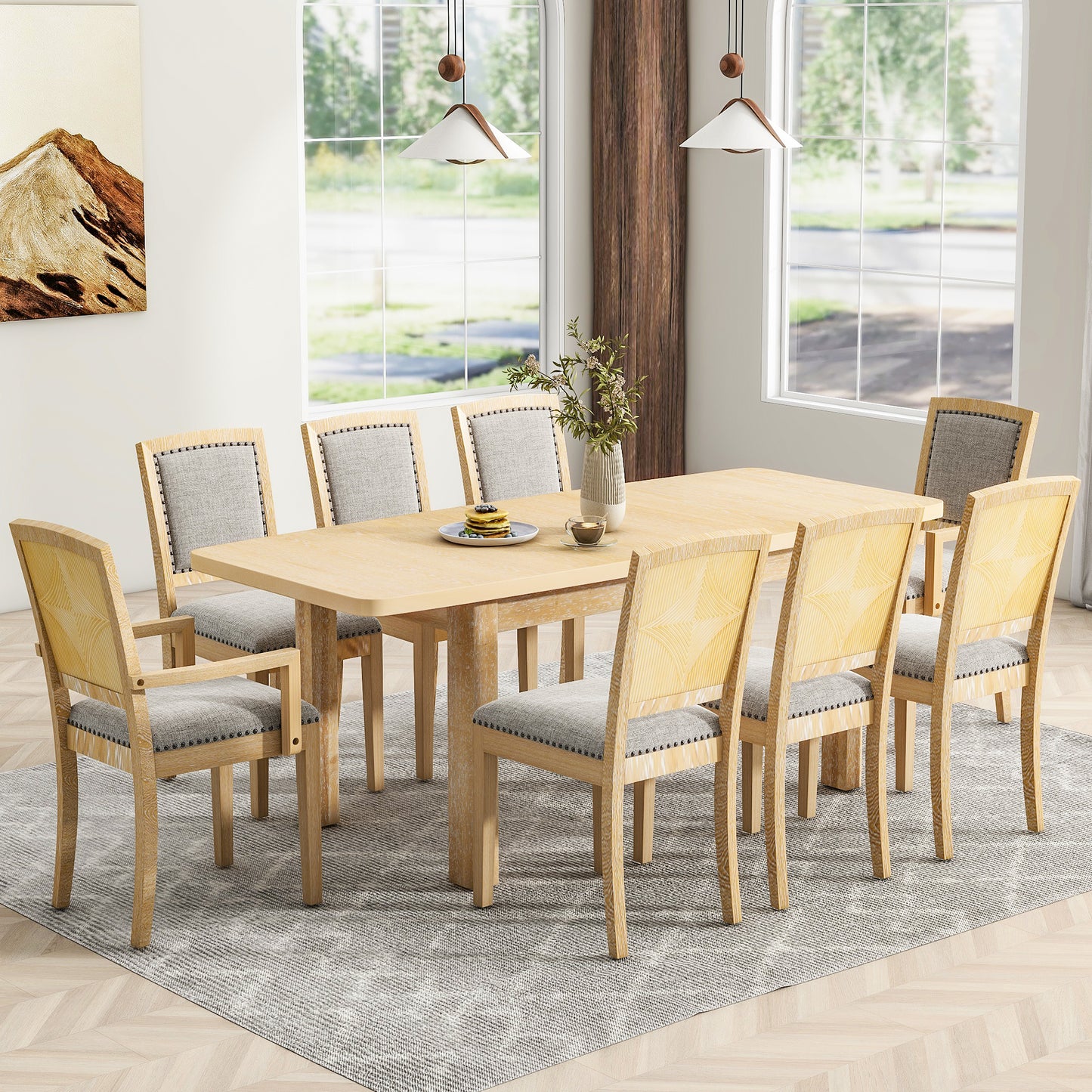 TOPMAX Expandable 84-Inch Dining Table Set with 24" Detachable Leaves, 6 Armless Chairs, and 2 Armchairs, Natural Finish