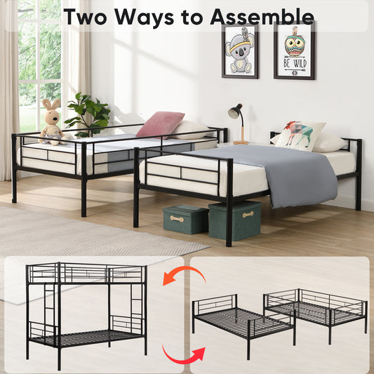 Double Decker Bed with Twin Size Upper Bed, 2 Ladders, and Full-Length Guardrail, Black Finish