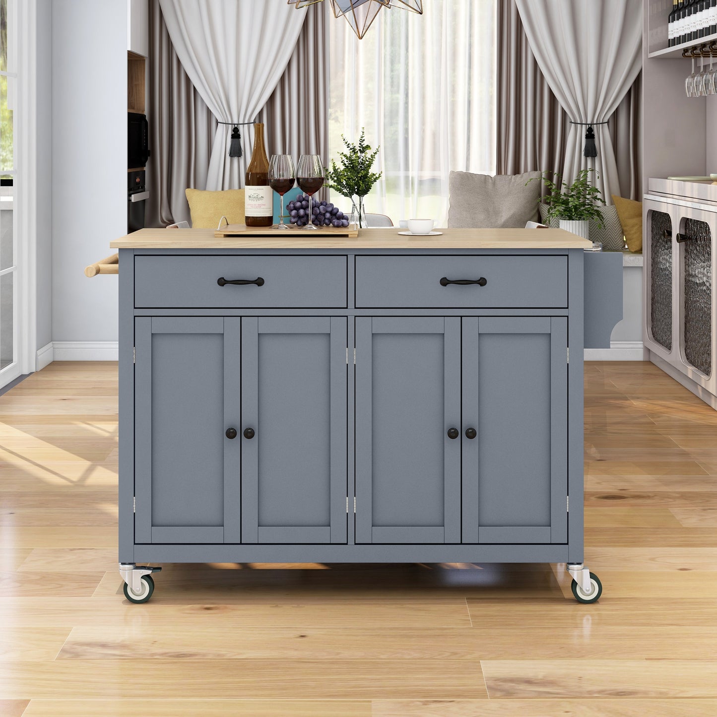 Kitchen Island Cart with Solid Wood Top and Locking Wheels, 54.3-Inch Width in Grey Blue