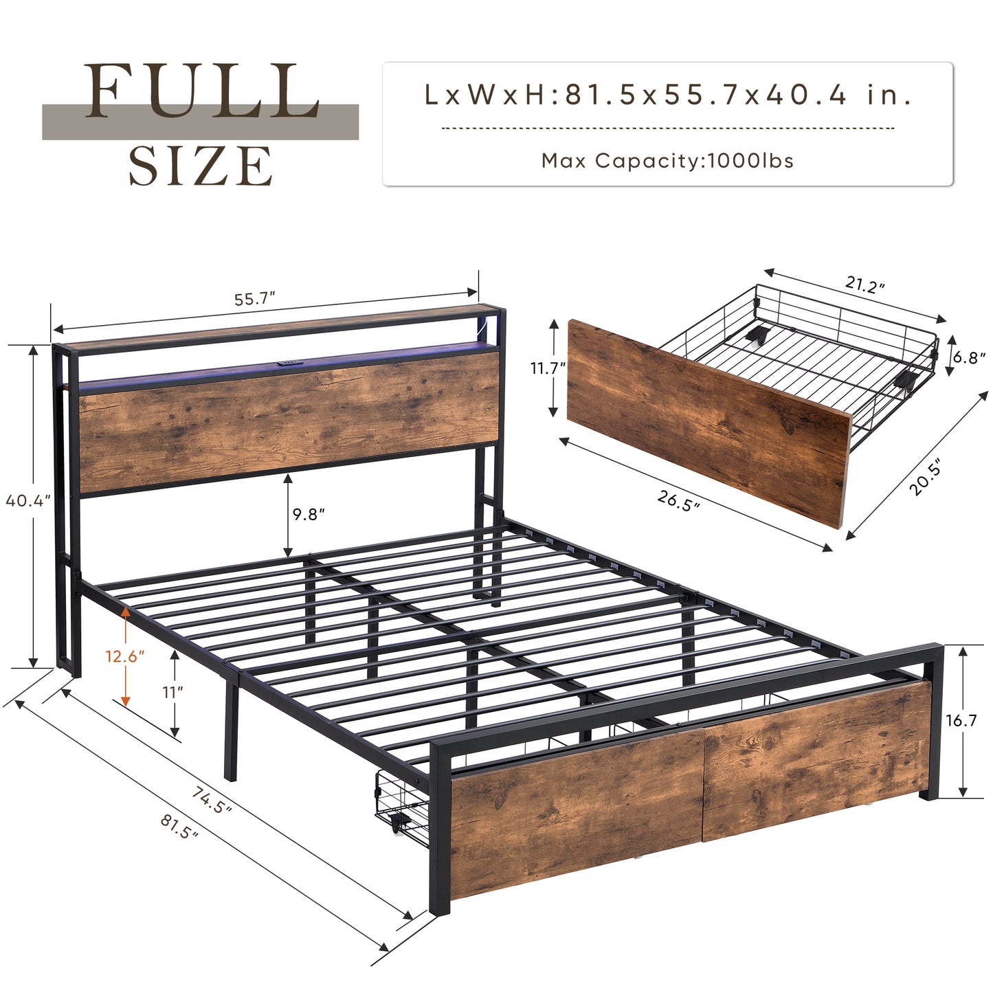 Full size bedstead with storage headboard and 2 drawers, LED light bed with charging station, metal Flat noodles support