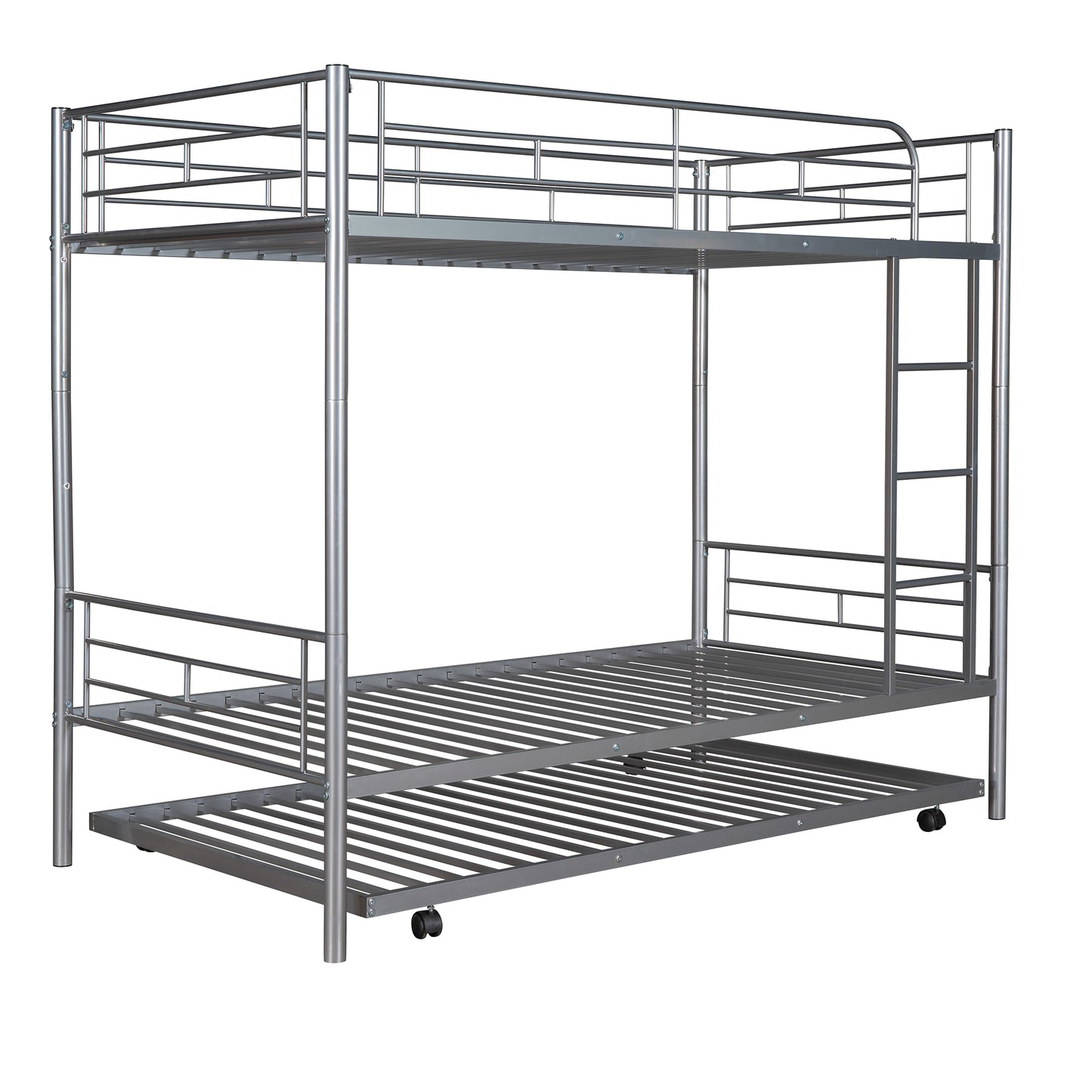 Twin-Over-Twin Metal Bunk Bed With Trundle Can be Divided into two beds No Box Spring needed White