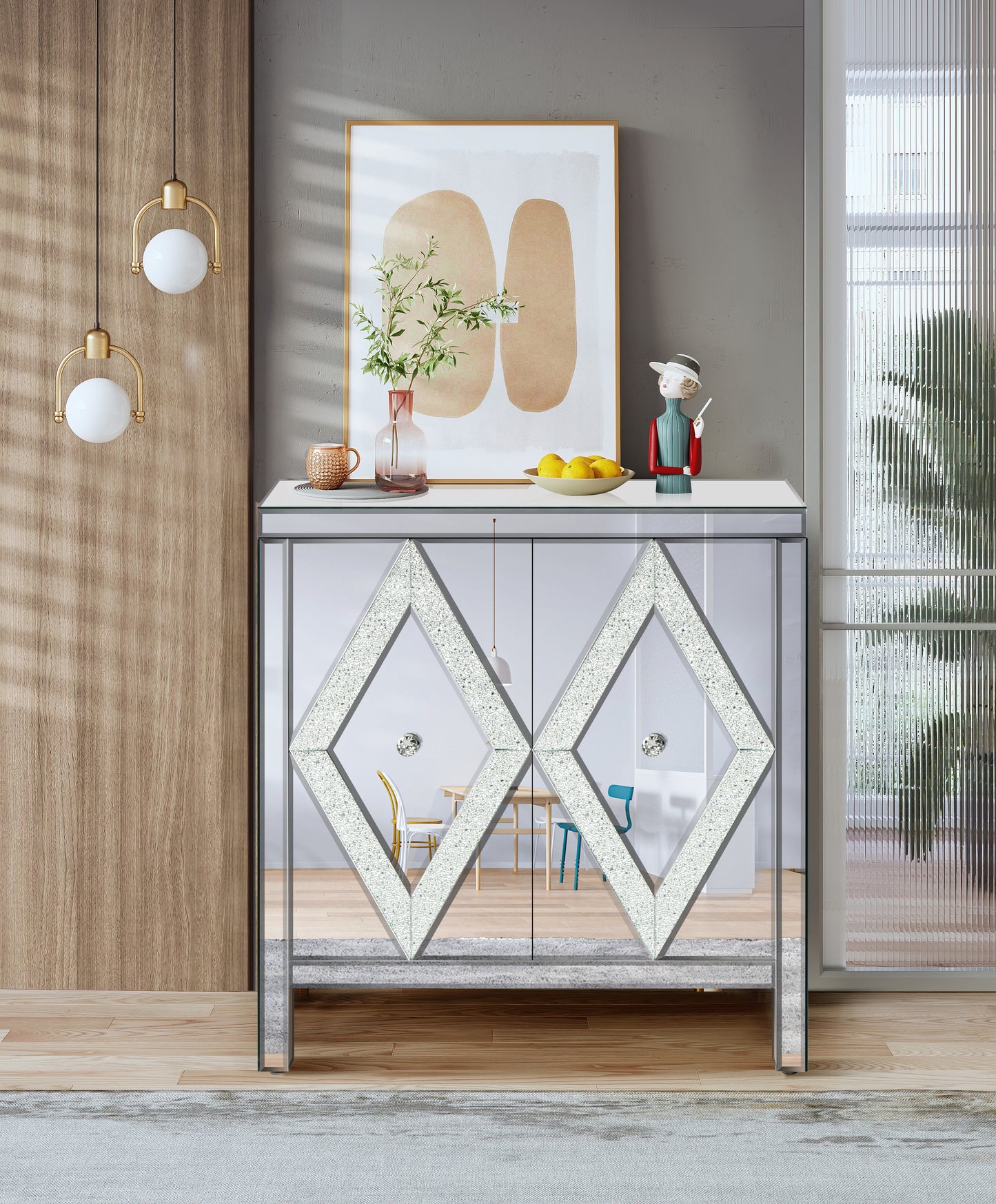 Storage Cabinet With Mirror Trim And Diamond Shape Design Spliced Combination For Living Room, Dining Room, Entryway, Kitchen