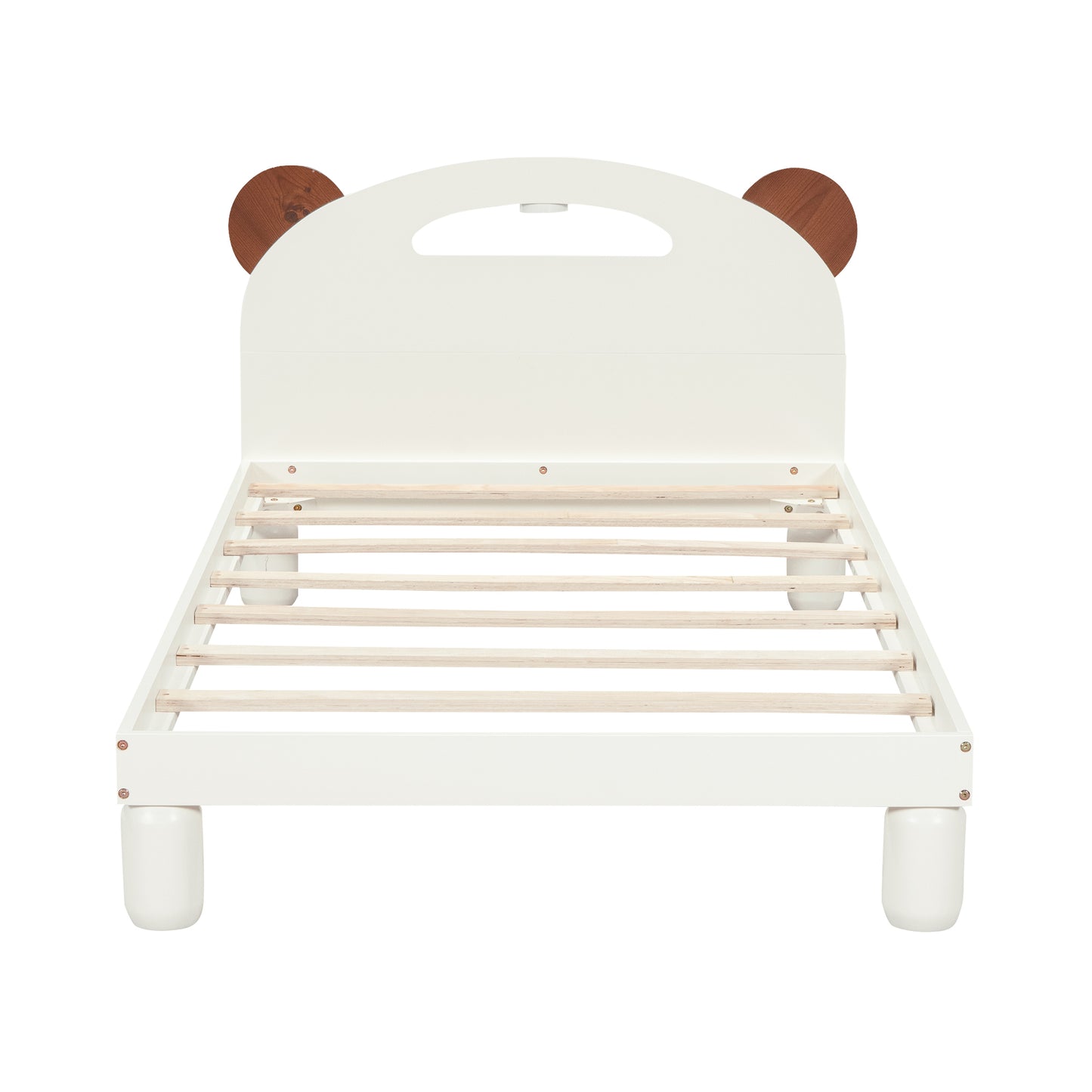 Twin Size Platform Bed with Bear Ears Shaped Headboard and LED Cream White